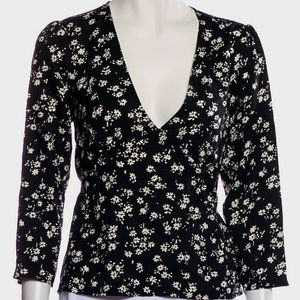 Reformation Black Floral V-Neck Top Size: XL